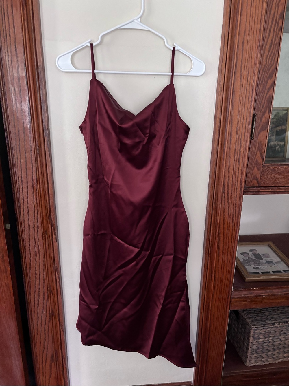 Satin Cowl Neck Midi Slip Dress in Deep Wine